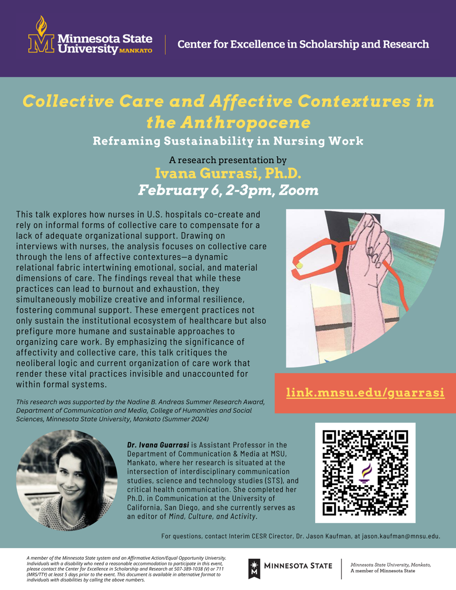 Poster image for the Collective Care and Affective Contextures in the Anthropocene: Reframing Sustainability in Nursing Work - A Lecture by Dr. Ivana Guarrasi February 6, 2-3pm, Zoom