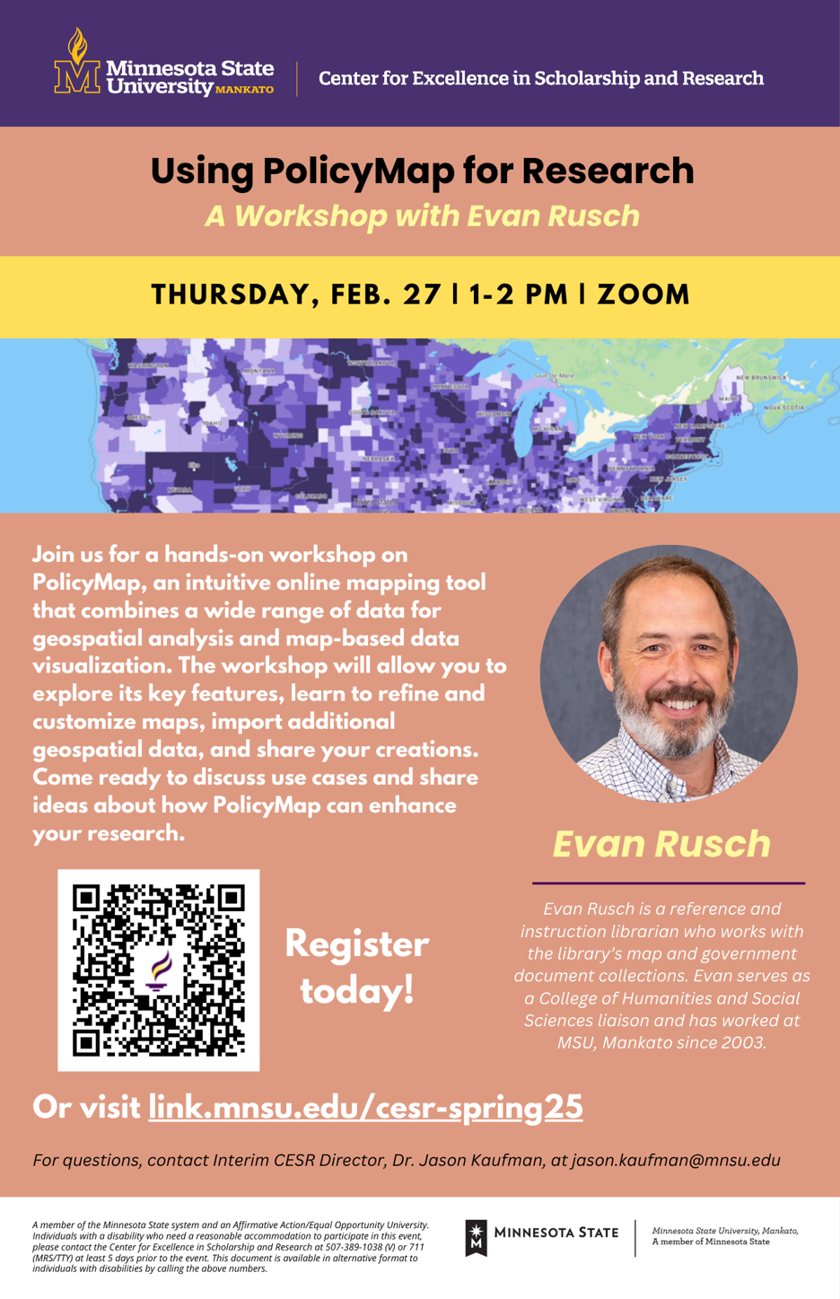 Using PolicyMap for Research: A Workshop with Evan Rusch Thursday, February 27, 1-2pm, Zoom. Join us for a hands-on workshop on PolicyMap, an intuitive online mapping tool that combines a wide range of data for geospatial analysis and map-based data visualization. The workshop will allow you to explore its key features, learn to refine and customize maps, import additional geospatial data, and share your creations. Come ready to discuss use cases and share ideas about how PolicyMap can enhance your research.